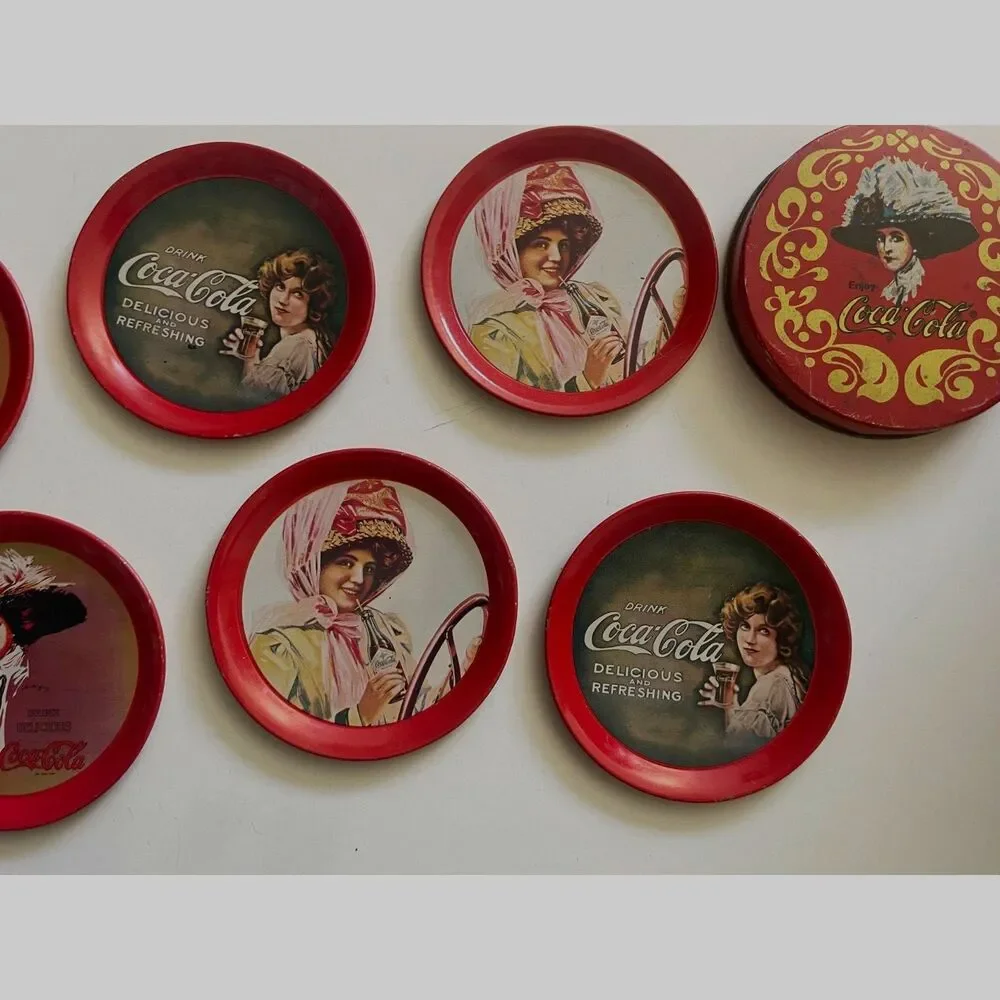 1993 Coca Cola Coasters Metal 3.5 Inch Tin Retro Drink Coke Vintage Lot of 6 Red
